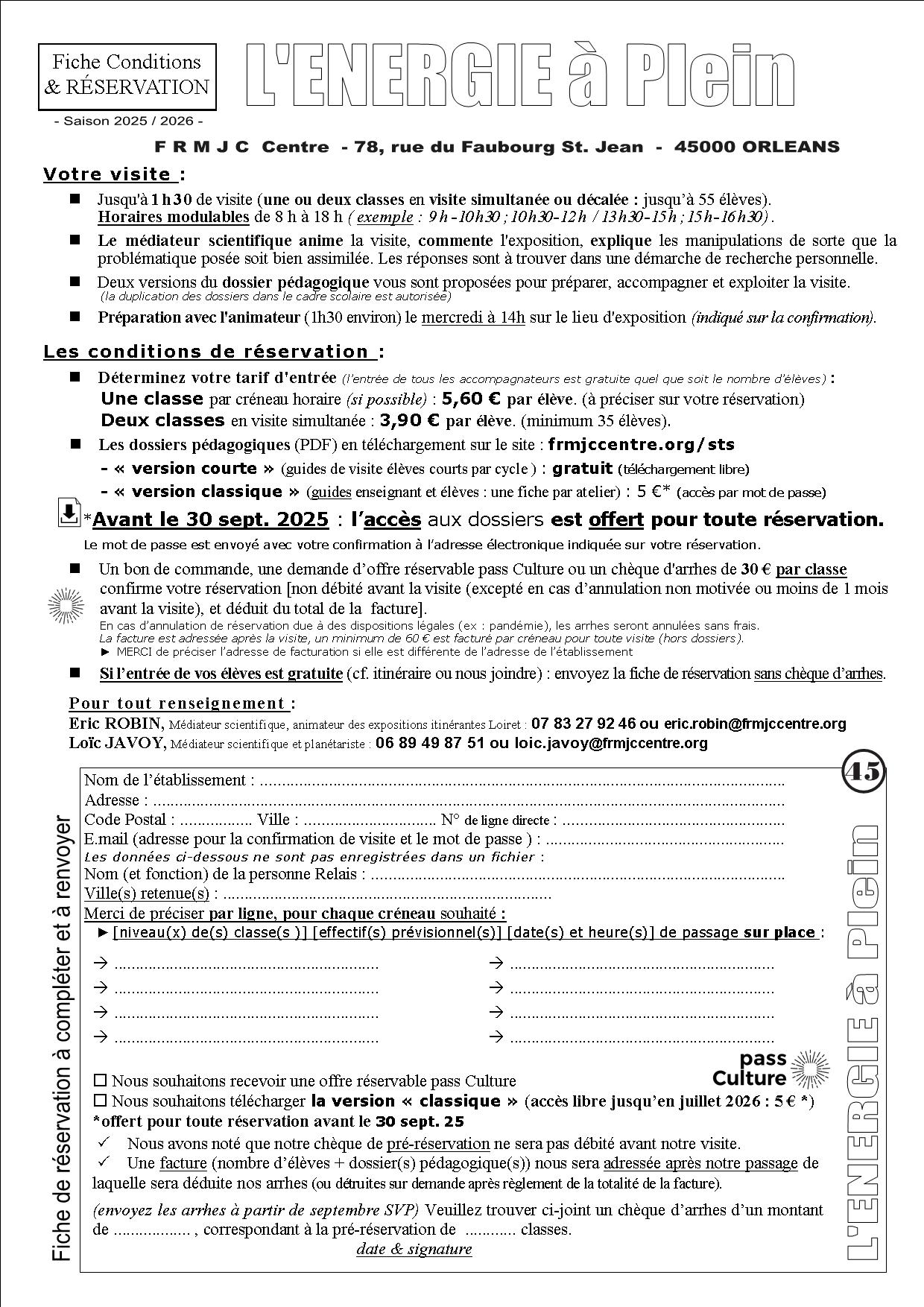 Fiche de réservation exposition interactive Energie